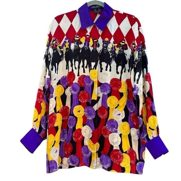 Escada Vintage 1990s 100% Silk Jockey Prize Ribbon Button Down Blouse Size 38 - Picture 4 of 6